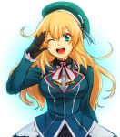  1girl aqua_eyes atago_(kantai_collection) black_gloves blonde_hair breasts gloves hat kantai_collection long_hair looking_at_viewer military military_uniform open_mouth personification salute smile solo tukno uniform wink 
