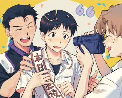  3boys aida_kensuke black_hair blue_shirt brown_hair camcorder camera closed_eyes commentary_request confetti freckles glasses happy_birthday highres holding holding_camera ikari_shinji jacket light_blush male_focus multiple_boys neon_genesis_evangelion open_mouth rott_ur round_eyewear school_uniform shirt short_hair suzuhara_touji tokyo-3_middle_school_uniform upper_body video_camera violet_eyes white_shirt 