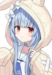  1girl absurdres animal_ears animal_hood blue_hair blush bow brown_jacket choker closed_mouth dress fake_animal_ears highres hololive hood hood_up hooded_jacket jacket kaie long_hair long_sleeves looking_at_viewer multicolored_hair puffy_long_sleeves puffy_sleeves rabbit-shaped_pupils rabbit_ears rabbit_hood red_eyes short_eyebrows simple_background sleeves_past_fingers sleeves_past_wrists solo streaked_hair symbol-shaped_pupils thick_eyebrows upper_body usada_pekora usada_pekora_(casual) virtual_youtuber white_background white_bow white_choker white_dress white_hair 