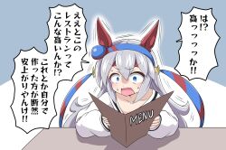  1girl animal_ears blue_eyes blue_hairband casual collarbone commentary_request ear_covers grey_hair hairband headband highres holding holding_menu horse_ears horse_girl long_hair long_sleeves menu multicolored_hairband red_headband solo surprised table takezuchi tamamo_cross_(umamusume) translation_request two-tone_hairband umamusume 