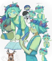  ... 2boys alternate_eye_color antenna_hair basil_(headspace)_(omori) basil_(omori) black_eyes black_hair black_tank_top blue_overalls blush book chibi closed_mouth colored_skin deer double-parted_bangs flower flower_wreath green_eyes green_hair green_shirt hair_between_eyes head_wreath highres holding holding_book looking_at_another looking_at_viewer male_focus multiple_boys omori omori_(omori) open_mouth overall_shorts overalls parted_lips pout red_eyes scrapbook shirt short_hair shorts sidelocks simple_background smile spoken_ellipsis striped_clothes striped_shorts t-shirt tank_top tate_ware_anal tearing_up translation_request vertical-striped_clothes vertical-striped_shorts white_background white_shorts white_skin 
