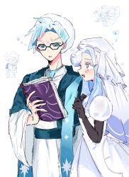  1boy 1girl black_gloves blue_dress blue_eyes blue_hair blue_sash blush book colored_eyelashes commentary_request cookie_run cookie_run:_kingdom dress glasses gloves heart hetero highres holding holding_book long_dress long_hair menthol_cookie nun own_hands_together sash seltzer_cookie short_hair user_vcfj2487 veil white_background white_dress white_eyelashes white_veil 