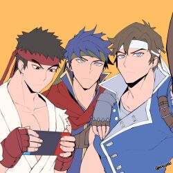 3boys bad_id bad_tumblr_id black_eyes blue_eyes blue_hair bright_pupils brown_hair castlevania:_rondo_of_blood castlevania_(series) closed_mouth commentary english_commentary fire_emblem fire_emblem:_path_of_radiance green_headband handheld_game_console headband highres holding holding_handheld_game_console ike_(fire_emblem) kyou_(iuciferic) male_focus multiple_boys nintendo_switch pectoral_cleavage pectorals red_headband richter_belmont ryu_(street_fighter) short_hair simple_background street_fighter super_smash_bros. twitter_username variant_set white_headband white_pupils 