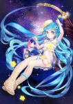  1girl blue_hair bucket dress feathers feet hat inkwell pen pixiv pixiv-tan quill sleeping-pig smile solo space star thigh_strap toenails toes transparent violet_eyes wrist_cuffs 