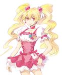  1girl ayaco_cc blonde_hair bow choker corset cure_peach earrings fresh_precure! jewelry long_hair magical_girl momozono_love pink_eyes precure puffy_sleeves ribbon rough skirt smile solo twintails white_background wrist_cuffs 