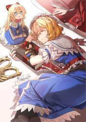  3girls alice_margatroid apron black_pantyhose blonde_hair blue_dress book boots capelet closed_eyes commentary_request dress frilled_capelet frilled_hairband frilled_sash frilled_skirt frills from_side hairband highres holding holding_book linhalm long_dress long_hair long_sleeves multiple_girls pantyhose parted_lips puffy_short_sleeves puffy_sleeves red_dress red_sash sash shanghai_doll shinki_(touhou) shirt short_hair short_sleeves sitting skirt touhou touhou_(pc-98) waist_apron white_apron white_capelet white_shirt 