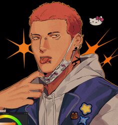  1boy alternate_costume alternate_hairstyle animal_sticker art_program_in_frame black_background blue_vest bridge_piercing buzz_cut chibi chibi_inset color_wheel commentary ear_piercing eyebrow_piercing face_piercing film_grain hello_kitty_(character) hello_kitty_print highres hood hood_down hoodie jujutsu_kaisen labret_piercing mask mask_pull mouth_mask mouth_piercing neck_tattoo no_tattoo orange_outline outline photoshop_(medium) piercing pink_hair plug_(piercing) portrait print_mask red_eyes ryoumen_sukuna_(jujutsu_kaisen) scar scar_on_face short_hair sideways_glance spiked_ear_piercing star_(symbol) star_sticker sticker sticker_on_clothes symbol_request tattoo teeth to_0fu tongue tongue_out tongue_piercing upper_teeth_only very_short_hair vest white_hoodie white_mask 
