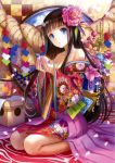  1girl absurdres bangs bare_shoulders black_hair blue_eyes blunt_bangs breasts cherry_blossoms cleavage floral_print flower fuji_choko hair_flower hair_ornament highres japanese_clothes kimono long_hair obi parted_lips payot petals scan seiza sitting solo 