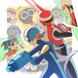  4boys arm_blade arm_cannon armor back-to-back black_bodysuit blue_bodysuit blue_helmet bodysuit commentary_request eugene_chaud_(mega_man) green_eyes grey_hair helmet highres lan_hikari_(mega_man) long_hair male_focus mega_man_(series) mega_man_battle_network_(series) megaman.exe met_(mega_man) multiple_boys netnavi protoman.exe red_armor red_helmet shmz_shiomizu weapon 
