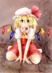  1girl ascot blonde_hair colored eggdn flandre_scarlet hat highres looking_at_viewer red_eyes sitting smile solo touhou wariza wings 