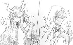  ! 1girl 2others ? arknights arm_up arrow_(symbol) bitey_(arknights) blush breasts cheek_poking commentary_request doctor_(arknights) dragon_girl dragon_horns dragon_tail drooling earrings graphite_(medium) greyscale hatching_(texture) heart highres hood hood_up horns jacket jewelry long_hair medium_breasts monochrome multiple_others musical_note necktie oni_tengu petting pointy_ears poking shirt sleeveless sleeveless_shirt spoken_exclamation_mark spoken_musical_note spoken_question_mark sweatdrop tail traditional_media very_long_hair white_background 