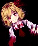  1girl ascot black_background blonde_hair blood blood_on_face bloody_clothes dark hair_ribbon hairband long_sleeves looking_at_viewer red_eyes renkarua ribbon rumia short_hair simple_background smile solo touhou 