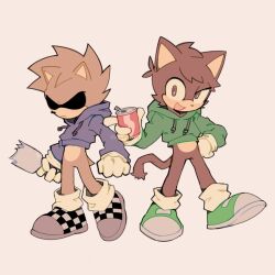  2boys animal_ears antenna_hair blue_hoodie bottle brown_eyes brown_fur brown_hair can cat_boy cat_ears cat_tail ch4rryr0ll checkered_shoes commentary drawstring edd_(eddsworld) eddsworld english_commentary furrification furry furry_male gloves green_hoodie green_shoes hedgehog_boy highres holding holding_bottle holding_can hollow_eyes hood hood_down hoodie long_sleeves looking_at_viewer male_focus multiple_boys open_mouth parody shoes short_hair short_tail simple_background smile sneakers sonic_(series) spiky_hair style_parody tail tom_(eddsworld) uneven_eyes white_background white_gloves 