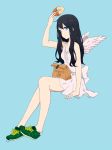  angel_wings bag bare_legs bare_shoulders black_hair blue_background blue_eyes bow doughnut dress frills invisible_chair kise_(swimmt) long_hair looking_at_viewer original paper_bag shoes sitting sleeveless sleeveless_dress sneakers straight_hair white_dress wings 