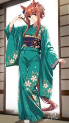  1girl animal_ears blunt_bangs blush closed_mouth commentary_request ear_flower floral_print floral_print_kimono folded_fan folding_fan green_eyes green_kimono hair_ornament hand_fan highres hime_cut holding horse_ears horse_girl horse_tail japanese_clothes kibidango_14-gou kimono long_hair long_sleeves looking_at_viewer obi orange_hair orange_tail ponytail print_kimono sash silence_suzuka_(umamusume) smile socks solo standing tabi tail umamusume white_socks wide_sleeves 