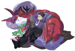  1boy arbok arm_up belt black-framed_eyewear black_pants black_socks closed_eyes closed_mouth coat collared_shirt corbeau_(pokemon) crossed_ankles forked_tongue frown full_body highres holding holding_removed_eyewear looking_at_another male_focus necktie open_collar pants pillow pokemon pokemon_(creature) pokemon_legends:_z-a purple_hair purple_shirt red_eyes roserade round_eyewear scolipede shirt short_hair simple_background sleeping socks sss_dxd tongue tongue_out two-sided_coat two-sided_fabric unworn_coat unworn_eyewear watermark white_background white_necktie wing_collar 