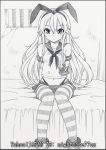  1girl blush hair_ornament kantai_collection long_hair looking_at_viewer monochrome navel nightmare77zx shimakaze_(kantai_collection) solo striped striped_legwear thighhighs traditional_media 