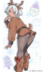  animal_costume antlers beard bell belt boots bow christmas christmas_tree commentary_request dark-skinned_female dark_skin deer_tail facial_hair fur_trim green_eyes gundam gundam_suisei_no_majo haro hat headband highres horns looking_back nekomiya_mizuki reindeer_antlers reindeer_costume santa_hat secelia_dote skin_tight snowflakes snowman tail white_hair white_nails 
