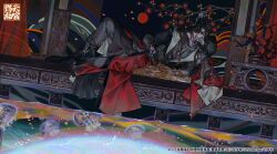  1boy adapted_costume alternate_costume alternate_hairstyle armor black_boots black_gloves black_hair black_hanfu black_nails boots braid branch chinese_clothes chinese_text cleavage_cutout closed_mouth clothing_cutout coin collared_shirt copyright_name copyright_notice curtains earrings eyepatch falling_leaves food footwear_ornament fruit full_body gloves gold gold_coin grey_pants grey_shirt hair_ornament hair_ribbon hand_on_own_cheek hand_on_own_face hanfu head_rest highres holding holding_coin hua_cheng indoors jellyfish jewelry lapels leaf long_hair long_sleeves looking_down lying male_focus maple_leaf multiple_braids nail_polish necklace official_art on_side one_eye_covered pants partially_fingerless_gloves plant popped_collar potted_plant red_hanfu ribbon ribbon_braid robe seal_impression shirt side_braids silver_necklace smile smoke solo starember string string_around_finger string_of_fate tianguan_cifu treasure tree two-tone_hanfu undershirt water wide_sleeves window 