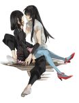  1boy 1girl black_eyes black_hair blue_thighhighs bob_cut d.gray-man high_heels kanda_yuu lenalee_lee long_hair looking_at_another parted_lips payot red_shoes shoes short_hair sitting skirt thighhighs uniform yone_(kaguudou) 