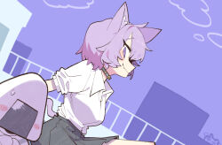  1girl ahoge animal_ear_fluff animal_ears black_choker black_skirt blush breasts cat_ears cat_girl cat_tail choker clouds cocomayo29_(tomato) collared_shirt commentary fang from_side hair_between_eyes highres hololive korean_commentary large_breasts looking_at_another nekomata_okayu okanyan_(nekomata_okayu) on_roof onigirya_(nekomata_okayu) pink_hair purple_background purple_sky shirt simple_background skirt sky smile tail violet_eyes white_shirt 