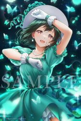  1girl brown_eyes bug butterfly commentary dress emotion_(love_live!) english_commentary gloves green_dress green_hair green_theme hat highres jewelry kaze-hime looking_at_viewer love_live! love_live!_nijigasaki_high_school_idol_club medium_hair mifune_shioriko necklace open_mouth pearl_necklace solo tumblr_username white_gloves white_hat 