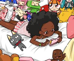  1girl afro black_hair blanket blossom_(ppg) blush_stickers bracelet brown_eyes camisole casual character_doll character_figure dark-skinned_female dark_skin doko_demo_issyo doll drawpile_(medium) earrings faux_retro_artstyle figure food_print fruit_print hamtaro hamtaro_(series) handheld_game_console hatsune_miku heart heart-shaped_pillow heart_earrings homestar_runner homestar_runner_(character) inoue_toro izumi_konata jewelry katamari_damacy kneehighs kuro_(doko_demo_issyo) light-skinned_palms littlebigplanet lucky_star lying medium_hair miniskirt negiwave2000 nintendo_3ds o3o on_bed on_stomach original otaku otaku_room pikachu pillow plaid_clothes plaid_skirt playing_games playing_video_games pokemon powerpuff_girls rabbit_(sengoku_turb) rilakkuma sackboy san-x sengoku_turb skirt socks solo spaghetti_strap strawberry_print striped_camisole sweatdrop the_cheat the_prince_(katamari_damacy) very_dark_skin vocaloid white_socks 