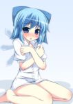  1girl blue_eyes blue_hair blush bow cirno covering covering_breasts gradient gradient_background hair_bow ice ice_wings looking_at_viewer masiromu naked_shirt open_clothes open_mouth open_shirt puffy_sleeves short_sleeves sitting solo touhou wariza wings 