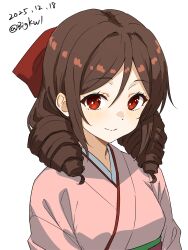  1girl absurdres bigkwl bow brown_hair commentary_request drill_hair hair_between_eyes hair_bow harukaze_(kancolle) highres japanese_clothes kantai_collection kimono long_hair looking_at_viewer meiji_schoolgirl_uniform pink_kimono red_bow red_eyes smile solo twin_drills 