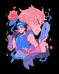  2boys absurdres arms_up belt belt_buckle black_background blonde_hair blue_eyes blue_hair blue_pants blue_shirt brown_belt buckle clenched_hand closed_mouth commentary_request cropped_legs dio_brando fang fingerless_gloves fingernails flower frown gloves gogeyama highres holding holding_mask jojo_no_kimyou_na_bouken jonathan_joestar looking_back looking_to_the_side male_focus mask multiple_boys pants petals phantom_blood plant red_flower red_nails red_rose rose sharp_fingernails shirt sideways_glance simple_background sleeveless sleeveless_shirt smile stone_mask thorns vines 