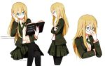  1girl adjusting_glasses blazer blonde_hair book crossed_arms crossed_legs dangan_ronpa genderswap glasses green_eyes headrest kei-chan_(atlas_kei) long_hair pantyhose pleated_skirt sitting skirt solo sweat togami_byakuya 