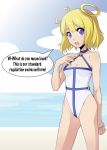  1girl bare_shoulders blonde_hair choker english fearless_night halo halterneck highres looking_at_viewer nail_polish ocean one-piece_swimsuit short_hair small_breasts solo speech_bubble spikewible swimsuit uri_(fearless_night) violet_eyes 