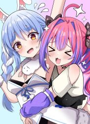  >_< 2girls :3 :d ahoge animal_ear_fluff animal_ears arm_up black_bra black_leotard bra bra_over_clothes cropped_shirt don-chan_(usada_pekora) dress fur-trimmed_dress fur_trim highres hololive hololive_dev_is hosinonana hug kikirara_vivi kikirara_vivi_(1st_costume) leotard leotard_under_clothes multicolored_hair multiple_girls open_mouth pink_hair purple_streaks rabbit-shaped_pupils rabbit_ears rabbit_girl shirt smile streaked_hair symbol-shaped_pupils underwear usada_pekora usada_pekora_(1st_costume) virtual_youtuber white_dress white_shirt yellow_eyes 