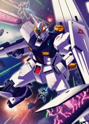  absurdres beam_rifle char's_counterattack energy_gun fin_funnels funnels_(gundam) glowing glowing_eyes green_eyes gun gundam highres holding holding_gun holding_weapon jegan js_71535 machinery mecha mecha_focus mobile_suit no_humans nu_gundam robot science_fiction shield space v-fin weapon 