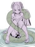  1girl bare_shoulders collarbone long_hair meimei_(p&amp;d) monochrome off_shoulder piiko_(aa_doushiyou) puzzle_&amp;_dragons sitting snake solo water 