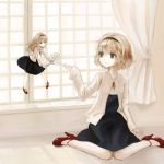  1girl adapted_costume alice_margatroid blonde_hair blue_dress blue_eyes curtains dress flower hairband high_heels lispict long_hair long_sleeves open_clothes open_jacket outstretched_hand pantyhose red_shoes shanghai_doll shoes short_hair sitting touhou wariza window 