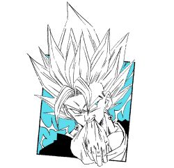  1boy blue_eyes dougi dragon_ball dragon_ball_z earrings fenyon gloves highres holding holding_gloves holding_unworn_clothes jewelry medium_hair mouth_hold partially_colored potara_earrings simple_background solo spiky_hair super_saiyan super_saiyan_1 unworn_gloves upper_body vegetto white_background 