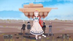  ! apron black_suit_(blue_archive) blue_archive button_prompt dress forehead golconda_&amp;_decalcomania_(blue_archive) halo highres long_hair maestro_(blue_archive) maid maid_apron maid_headdress metal_gear_(series) miaki_(mi_autumn39) military_vehicle motor_vehicle parody red_hair sensei_(blue_archive) sensei_(blue_archive_the_animation) short_sleeves tagme tank white_apron yuzu_(blue_archive) yuzu_(maid)_(blue_archive) 