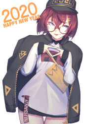  10yen_kabu 1girl 2020 :p alternate_costume ange_katrina baseball_cap black_hat black_jacket blue_eyes closed_mouth commentary_request copyright_name cowboy_shot crossbody_bag crossed_bangs double_v english_commentary english_text eyelashes glasses hair_between_eyes hair_ornament hands_up happy_new_year hat highres inward_v jacket jacket_on_shoulders long_bangs looking_over_eyewear looking_to_the_side medium_hair mixed-language_commentary nijisanji red-framed_eyewear red_hair red_pupils semi-rimless_eyewear simple_background sleeves_past_wrists solo sweater thigh_gap tongue tongue_out triangle_hair_ornament v virtual_youtuber white_background white_sweater yellow_bag 