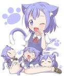 4girls :&lt; :3 =_= \(^o^)/ animal_ears arms_up barefoot bloomers blue_dress blue_eyes blue_hair cat_ears cat_tail child cirno closed_eyes dress fang hair_ornament hairclip highres ice ice_wings kemonomimi_mode looking_at_viewer makuran mother_and_daughter multiple_girls o_o open_mouth paw_pose paw_print puffy_sleeves shirt short_sleeves simple_background sitting smile tail touhou underwear wariza white_background wings wink |_| 