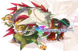  1boy absurdres black_hair chesnaught commentary english_commentary glasses highres holding holding_poke_ball iikoao master_ball mega_chesnaught mega_pokemon poke_ball pokemon pokemon_(creature) short_hair shoulder_spikes spikes zoom_layer 