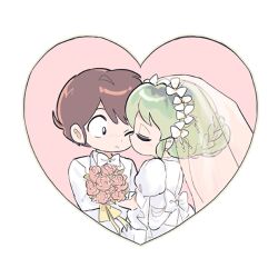  1boy 1girl 88_77k back_bow border bouquet bow bowtie bridal_veil bride brown_hair chibi chibi_only closed_eyes couple dress earrings green_hair groom hair_bun hetero holding holding_bouquet husband_and_wife jacket jewelry kiss kissing_cheek light_blush lum moroboshi_ataru one_eye_closed pearl_earrings pink_background pointy_ears puffy_sleeves short_hair sidelocks tuxedo updo upper_body urusei_yatsura veil wedding_dress white_border white_bow white_bowtie white_dress white_jacket 