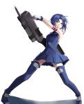 1girl bare_shoulders blue_eyes blue_hair boots ciel dress gloves highres huge_weapon kauto seventh_holy_scripture short_hair simple_background sleeveless sleeveless_dress solo tattoo thigh-highs thigh_boots tsukihime weapon 