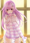  1girl bare_shoulders choujigen_game_neptune choujigen_game_neptune_mk2 convenient_leg doll hair_ornament long_hair looking_at_viewer mikan_no_shiru nepgear neptune_(choujigen_game_neptune) purple_hair solo striped striped_legwear sweater thighhighs violet_eyes 