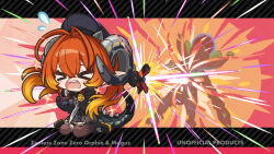  >_< 1girl antenna_hair asymmetrical_gloves black_hat black_horns black_jacket black_shoes blush brown_thighhighs character_name chibi chibi_only closed_eyes commentary_request copyright_name crossed_bangs curled_horns english_text ethereal_(zenless_zone_zero) fingerless_gloves flying_sweatdrops gloves hair_between_eyes hair_intakes hat holding holding_knife horns jacket knife laser magus_(zenless_zone_zero) mechanical_horns mechanical_tail mismatched_gloves open_mouth orange_hair orphie_magnusson pointy_ears shoes single_fingerless_glove sitting sparkle tail teeth thigh-highs upper_teeth_only wariza yellow_gloves yuki_shiro zenless_zone_zero 