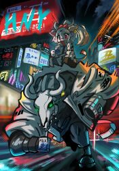 1boy 1girl animal_ears blonde_hair building city cow_boy cow_ears cow_horns drink drinking_straw drinking_straw_in_mouth ear_tag furry furry_male glowing glowing_eyes green_eyes halftone highres holding holding_drink horns jacket milk mole mole_under_eye new_year original ponytail red_eyes running shakeeeeeeeee sitting sitting_on_person size_difference skull_head teeth white_jacket 