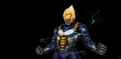  1boy armor black_background blonde_hair blue_eyes bodysuit chrbr clenched_hands dragon_ball dragon_ball_z electricity highres neon_trim powering_up spiky_hair super_saiyan vegeta 