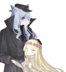  1boy 1girl animal_ears belt black_belt black_coat black_gloves black_hat black_pants black_souls black_souls_2 black_sweater black_sweater_vest blonde_hair blue_eyes blue_hair blush brown_capelet brown_shirt capelet chain closed_mouth coat colored_eyelashes curly_hair edith_liddell_(black_souls) flower frilled_shirt frills furrowed_brow furry furry_male gloves hair_over_one_eye hand_on_another's_hand hand_on_another's_head hand_on_own_chest hat head_wreath highres jack_(black_souls) long_hair long_sidelocks long_sleeves looking_at_another looking_at_viewer mu_blood pants red_eyes red_flower red_rose rose scar scar_on_cheek scar_on_face shaded_face shirt sidelocks sweater sweater_vest white_background wolf_boy wolf_ears 