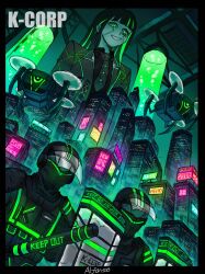  1girl 2others alfonso_(project_moon) armor ballistic_shield black_armor black_hair cityscape english_text green_streaks highres holding_baton_(weapon) k_corp._checkpoint_security limbus_company long_hair looking_at_viewer looking_down multiple_others open_mouth project_moon sansan375223 shield sign smile stasis_tank very_long_hair 