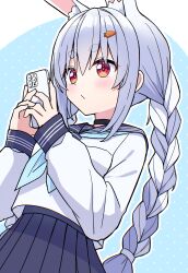  1girl absurdres animal_ear_fluff animal_ears black_choker blue_background blue_hair blue_neckerchief blue_sailor_collar blue_skirt blush braid carrot_hair_ornament cellphone choker closed_mouth cowboy_shot food-themed_hair_ornament hair_ornament highres holding holding_phone hololive kaie long_hair long_sleeves multicolored_hair neckerchief outline phone pleated_skirt polka_dot polka_dot_background rabbit-shaped_pupils rabbit_ears rabbit_girl red_eyes sailor_collar school_uniform serafuku shirt sidelocks skirt smartphone solo symbol-shaped_pupils thick_eyebrows twin_braids twintails two-tone_hair usada_pekora virtual_youtuber white_hair white_outline white_shirt 